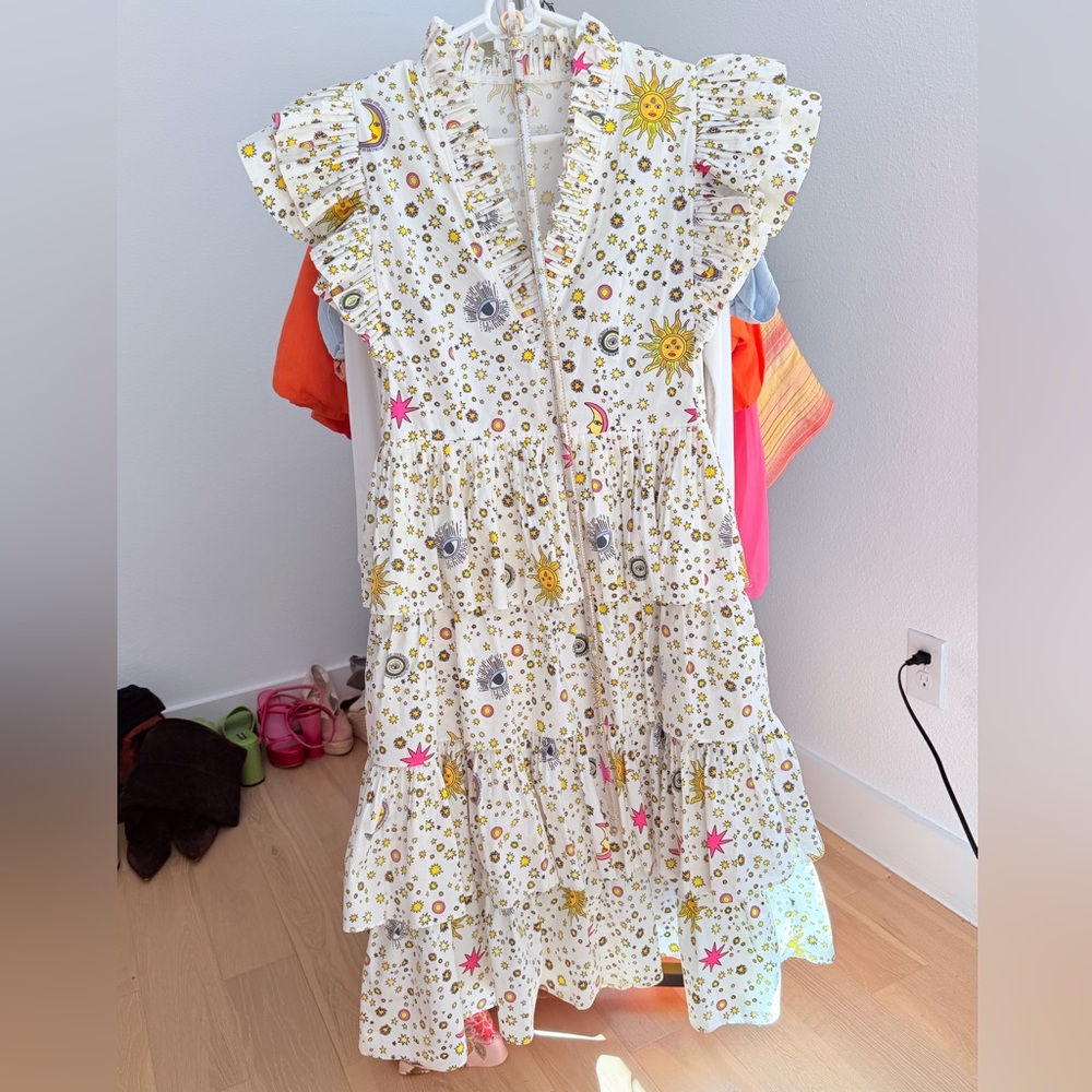 Celia B White Cosmic Print Tiered Dress